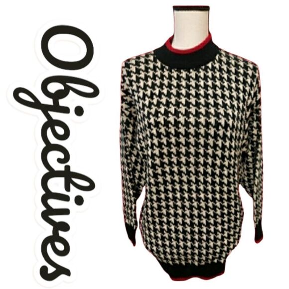 VINTAGE Objectives sweater Black & white houndstooth with red trim womens Size S - Picture 1 of 10